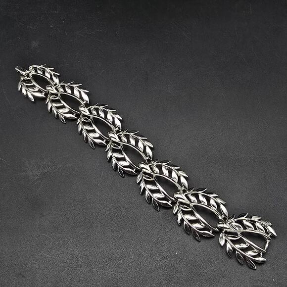 Silver Tone Ivy Leaves Link Bracelet Vintage Costume Jewelry - Picture 4 of 9